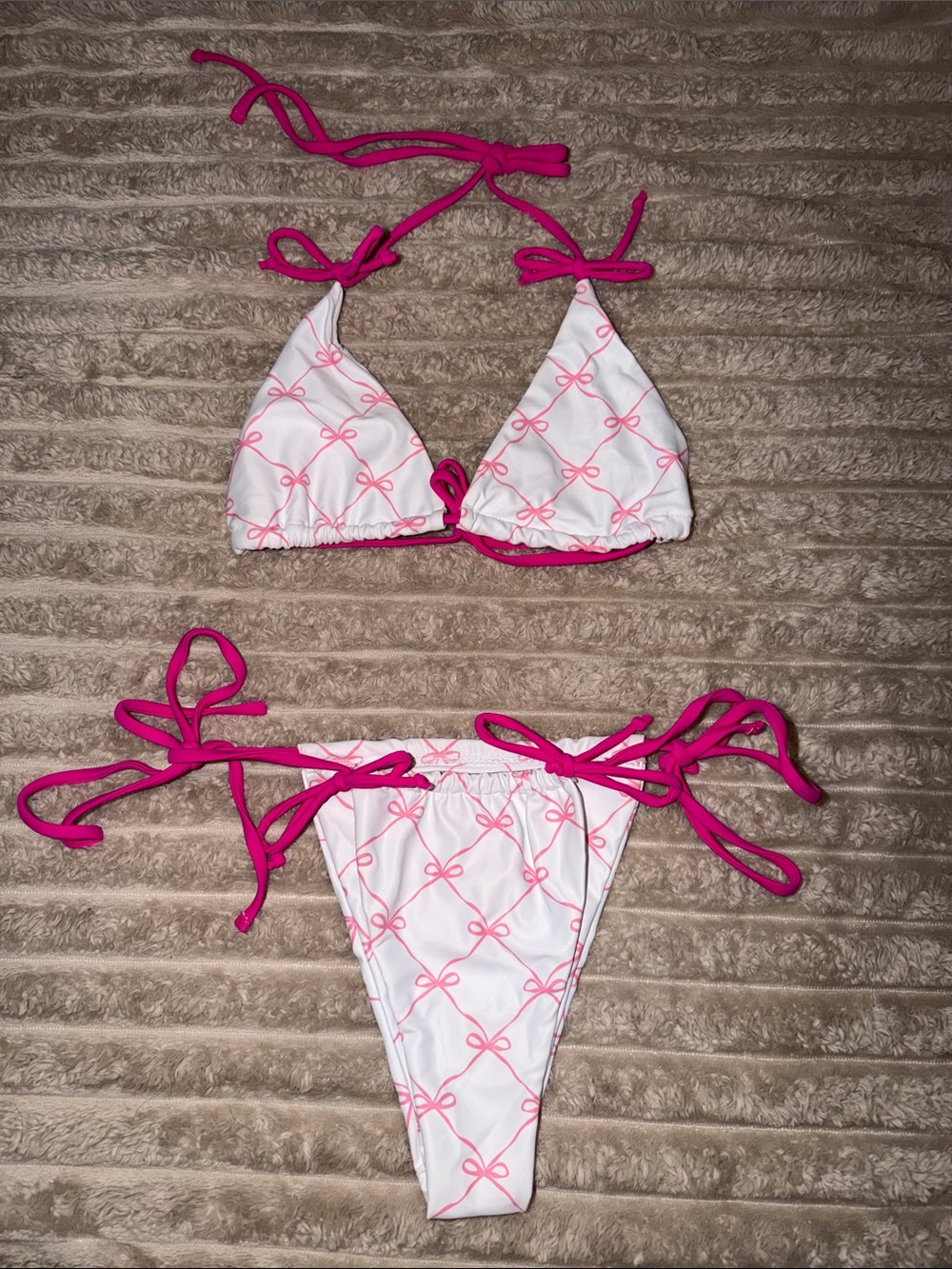 White & Hot Pink Bow Print Triangle Bikini Top - Picture 6 of 7